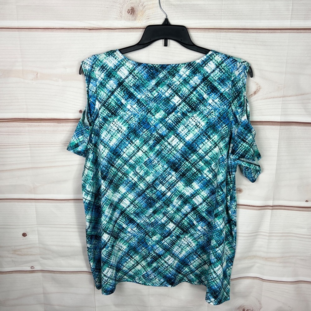 Bleeker & McDougal Top Womens 2X Blue Green Plaid Blouse Cold Shoulder Knit Lace - Picture 6 of 7